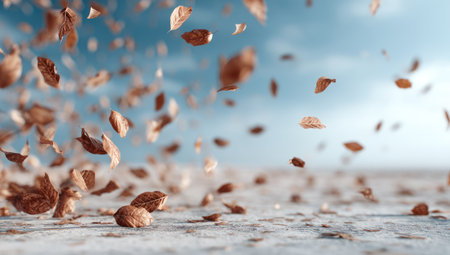 Numerous brown leaves are captured mid-air against a backdrop of a bright blue and white sky. The composition emphasizes motion and depth, likely captured with a shallow depth of field. The lighting suggests daytime. This image could be suitable for various commercial purposes, including seasonal marketing or editorial content.の素材