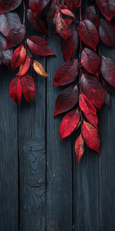 The image features autumnal leaves in varying shades of red and dark tones set against a dark wooden surface. The composition highlights the organic shapes and textures, possibly suggesting a natural environment. Suitable for a range of creative projects, this image could enhance marketing materials or editorial content.の素材