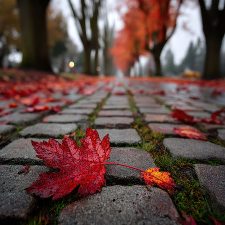 An autumn scene features a close-up of vibrant red leaves resting on a cobblestone path. The foreground is in sharp focus, while the background reveals a row of trees with their foliage, creating a blurred effect. The overall lighting suggests a cool, overcast day suitable for various editorial and commercial applications.の素材