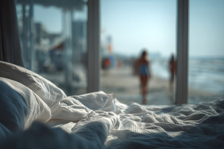 A close-up captures a rumpled bed with white linens, inviting a sense of relaxation. Through a large window, the ocean and blurred figures hint at a seaside setting. The composition uses soft lighting and a shallow depth of field, suggesting a peaceful, tranquil environment suitable for travel or lifestyle themes.の素材