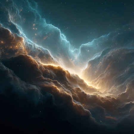 An artistic depiction presents a cloudscape of swirling formations and luminous colors, with gradients of teal and gold hues. The image showcases textures and an ethereal quality enhanced by scattered, sparkling elements. Suitable for designs that may require a captivating backdrop for various commercial and illustrative projects.の素材