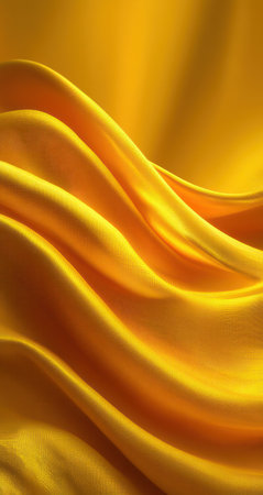 An image showcases flowing, golden fabric in a studio setting. The composition emphasizes the smooth, curved lines and detailed texture. The warm lighting highlights the silk-like material and its rich color, ideal for use in various visual media projects, including backgrounds and design elements.の素材