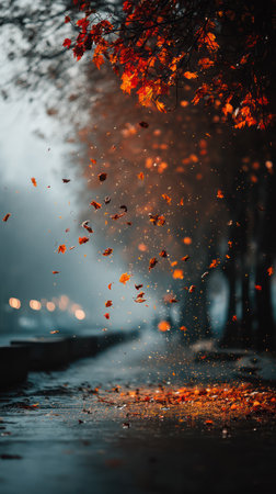 An image captures the beauty of autumn as colorful leaves cascade downwards. The wet road surface reflects the soft, diffused light, with a blurred backdrop suggesting a park or avenue. The scene creates a melancholic atmosphere, potentially suitable for editorial content or creative projects.の素材