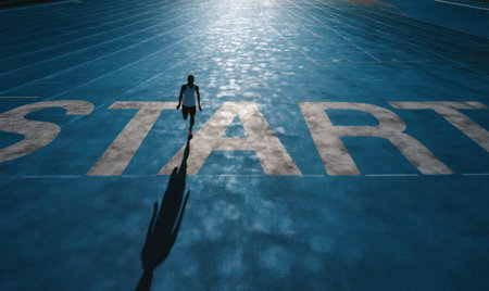 A person runs toward a large word on a track surface illuminated by overhead sunlight. The image presents a shadow cast by the runner, emphasizing the forward movement. The visual characteristics include a blue track surface and white text. It could be used for various projects related to sport, motivation or business.の素材