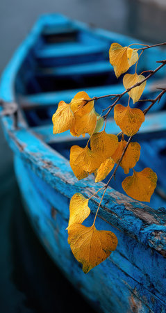 A close-up captures a weathered blue boat, graced by vibrant yellow leaves. Branching foliage contrasts with the boat's rough texture and the smooth water. Soft sunlight illuminates the scene, hinting at a serene environment. This image is suitable for various commercial uses, including artistic designs and environmental concepts.の素材
