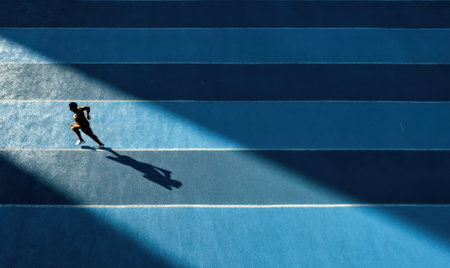 An athlete sprints across a blue track in this overhead perspective. The image displays contrasting shades of blue, strong shadows, and bright sunlight. Suitable for illustrating athleticism, competition, and healthy lifestyles. Ideal for commercial applications and various editorial purposes.の素材
