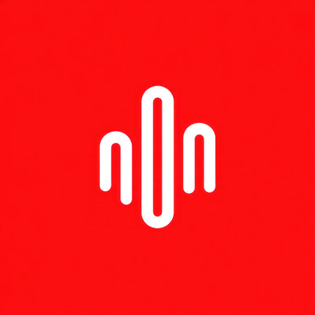 An abstract logo features a white linear design against a bright red background. The graphic consists of vertical and curved lines. The style is modern, with a clean and simple composition. This design could be used in various commercial applications related to technology or communications.の素材
