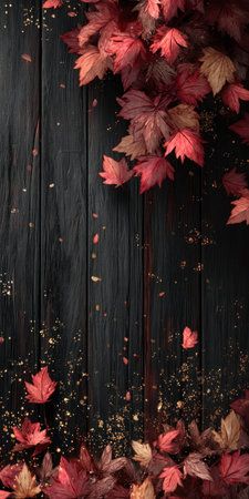 Autumnal leaves in shades of red and brown cascade over a dark wood grain background. The composition features a mix of textures and lighting, possibly indicating an interior or outdoor setting. The image is suitable for various commercial uses, including website backgrounds and seasonal promotions.の素材