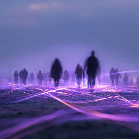 Blurred figures traverse a landscape marked by vibrant violet light trails. The scene, bathed in cool tones, presents a diffused, ethereal quality. A dim, overcast sky forms the backdrop, enhancing the abstract ambiance. Ideal for conceptual projects, this imagery could be suitable for various editorial and promotional applications.の素材