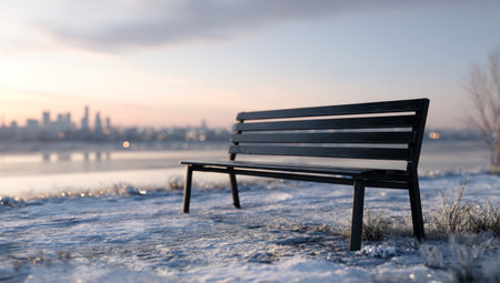 A solitary black bench sits on a snowy bank overlooking a distant cityscape. The scene is bathed in soft, diffused light, with cool tones dominating the sky and foreground. The composition highlights a sense of calm and solitude. Suitable for various editorial or commercial uses.の素材