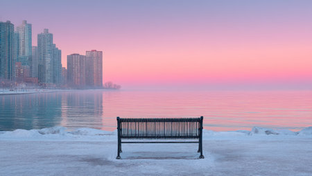 A bench sits in the foreground, facing a calm body of water with a city skyline on the horizon. The image features soft pastel colors across the sky, with cool tones reflecting on the water. The composition suggests a serene outdoor setting at sunrise or sunset. Suitable for various editorial or commercial applications.の素材