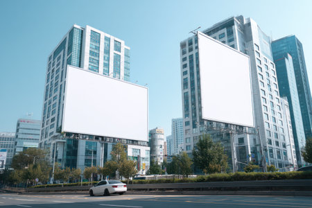 Large blank billboards dominate the skyline amid modern city architecture. The image showcases sleek glass buildings, suggesting an urban environment with a clear day and vibrant blue sky. A single car traverses the foreground. This visual could be used for advertising, marketing campaigns, and design mockups.の素材