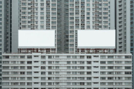 Two blank billboard advertisements are mounted atop a large, multi-story apartment building. The building presents a repetitive pattern of windows and gray tones, with a clean and symmetrical composition. These billboards offer potential for displaying commercial messaging. This image may be suitable for advertising or design-related purposes.の素材
