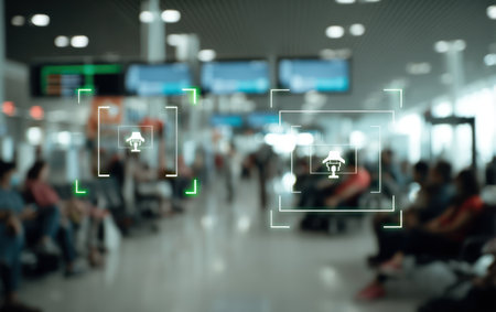 An out-of-focus interior scene depicts people in an airport environment. Ambient lighting creates a soft, diffused aesthetic. The composition hints at movement and activity. It showcases an information display. Suitable for editorial and commercial projects highlighting travel, technology, or data processing.の素材