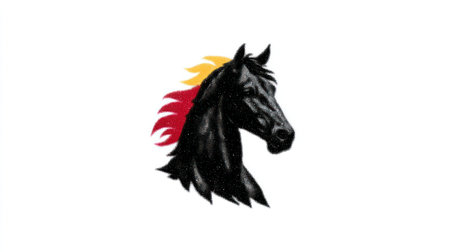 A dark horse head is centered against a clean white background. The image features detailed rendering and a stylized mane with red and yellow hues. The composition suggests a graphic design element suitable for diverse applications. The image is ideal for use in branding, advertising, and editorial content.の素材