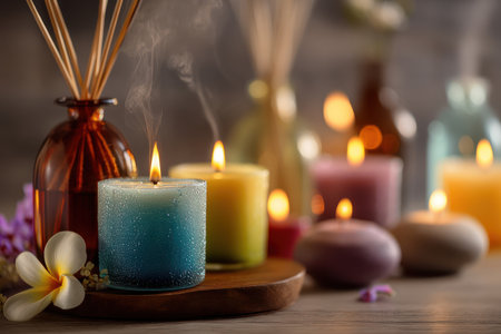 This image presents lit candles of various colors, accompanied by aroma diffusers. The composition features soft lighting and shallow depth of field, with a focus on the flames and smoke. The scene may be used to convey concepts like wellness, home fragrance, or relaxation. The ambiance suggests an indoor setting.の素材