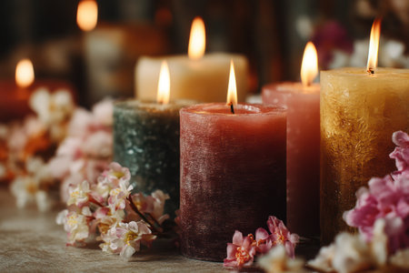 A close-up view presents several lit candles of varying colors, interspersed with delicate floral arrangements. The composition features a soft focus, with warm light illuminating the wax and surrounding elements. This image may be suitable for illustrating themes such as tranquility, celebration, or home decor.の素材