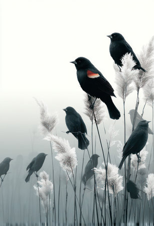 Several blackbirds are seen perched on slender reeds with fluffy white plumes. The image uses a monochromatic color palette of black and white, creating a contrast against the soft, diffused background. This elegant composition, with its naturalistic theme, could be used for various commercial and editorial applications.の素材