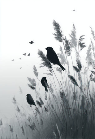 This monochromatic illustration features several silhouette birds perched on tall reeds. The image is composed with a minimalist aesthetic, using shades of gray and white. The composition suggests an outdoor environment, possibly a field or marshland. Ideal for a variety of editorial or commercial projects needing a simple yet elegant visual.の素材