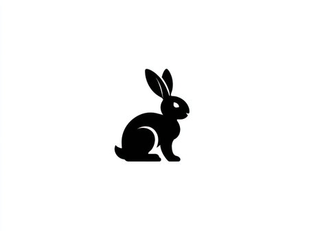 A silhouette of a rabbit in solid black color against a pristine white backdrop. The composition is simple, with the subject centered and isolated. This illustration uses clean lines and a minimalist style. It could be suitable for various design projects, including branding, logos, or editorial uses.の素材