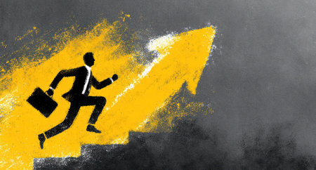 An illustration depicts a businessman ascending a yellow arrow, symbolizing growth and ambition. The image features a silhouette against a textured background with contrasting colors. This conceptual artwork could be utilized for various commercial and editorial projects focused on business, achievement, and career advancement.の素材