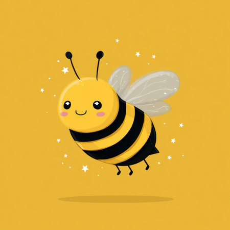 A cartoon bee with black and yellow stripes is the central subject against a yellow background. The image features a cheerful bee with a smile and small stars scattered around it. The style is illustrative, suggesting a children's book or educational context. Suitable for various design projects and editorial content.の素材