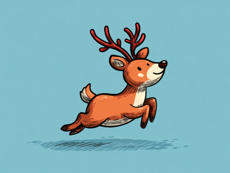 A cartoon deer is depicted mid-leap, showcasing a dynamic pose against a solid blue background. The illustration features warm earth tones, creating a friendly and inviting visual. This style could be used for children's books, greeting cards, or various design projects, offering versatile application.の素材