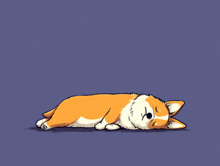 A cartoon illustration depicts a corgi dog in a relaxed sleeping pose. The image presents warm orange and white tones against a blue backdrop. The style is simplistic and flat, indicating a digital art creation. Suitable for various creative projects and potential use in commercial applications.の素材