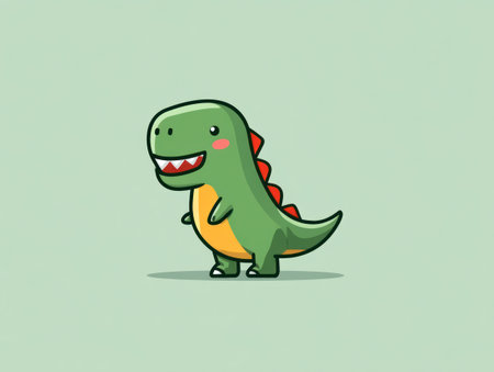 A cartoon dinosaur is depicted against a neutral backdrop. The creature features a green body, orange belly, and red accents on its back. The illustration has a simplified style, with bold outlines and a playful composition. This image is suitable for various design projects, marketing materials, and children's content.の素材