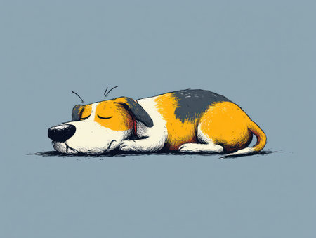 A cartoon dog is shown sleeping peacefully. The illustration features a dog with a yellow, white, and black coat. The composition is simple, with the dog placed centrally against a solid blue background. This image could be used for various projects, including advertising or educational materials.の素材