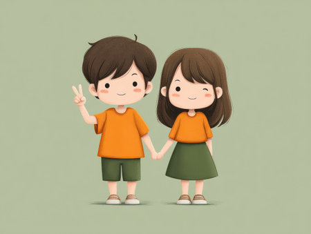 Two cartoon children, a boy and a girl, stand closely together holding hands. They wear bright orange tops and are set against a soft, solid background. The illustration uses soft colors and a simple style suggesting concepts of companionship suitable for various commercial needs.の素材