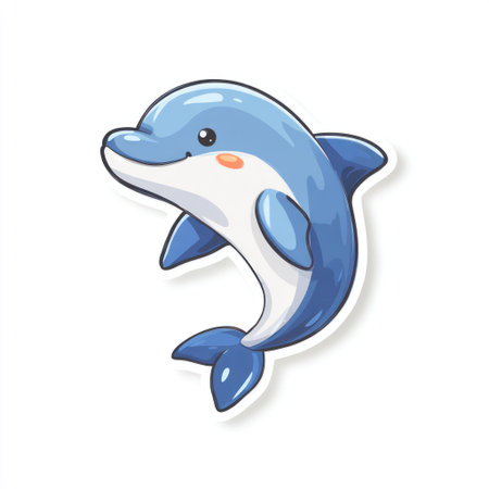 A cartoon illustration depicts a blue and white dolphin character, smiling, in a playful pose. The image presents vibrant colors, a clean graphic style, and soft shading. The composition is isolated against a plain white backdrop. This image may be suitable for various commercial purposes, including design and educational materials.の素材