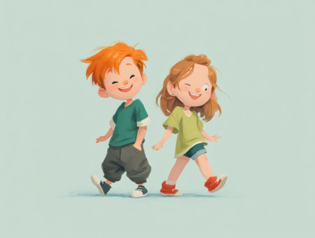 Two cartoon children walk joyfully, styled with a soft, illustrative aesthetic. The figures are dressed in casual attire, featuring green and tan colors, set against a pale background. This imageの素材
