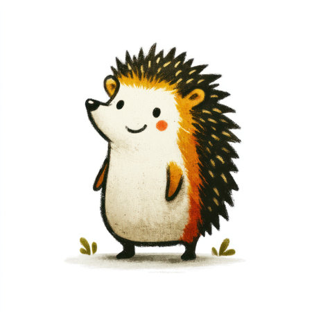 This illustration depicts a cheerful cartoon hedgehog. The image showcases the animal with its distinctive spiky coat, featuring orange and brown hues. The artwork employs a soft, rounded style with simple lines and a white background. This image is suitable for use in educational materials, children's content, or general design projects.の素材