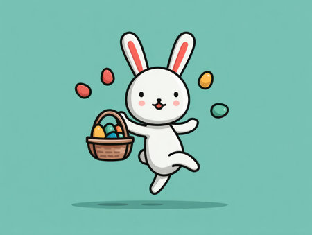 A cartoon Easter bunny joyfully holding a basket filled with colorful eggs against a soft turquoise backdrop. The image features a clean, illustrative style with smooth lines and bright colors. The composition is simple, suggesting a festive environment suitable for various commercial or editorial applications.の素材