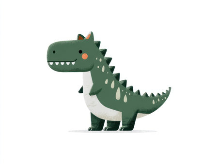 A cartoon illustration showcases a friendly dinosaur in a playful style. The image features a two-dimensional design with green, white, and black colors. The composition is simple, set against a plain white backdrop. This image may be suitable for children's books, educational materials, or various design projects.の素材