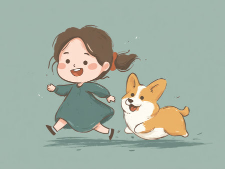 An illustrated scene showcases a girl and a dog in motion against a soft backdrop. The composition features a cartoon style with warm tones, possibly digitally rendered. This artwork may be suitable for children's content, educational materials, or use in various design projects.の素材