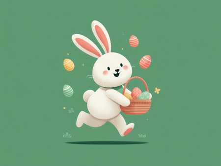 An illustration depicts a running bunny carrying a basket of colorful eggs. The soft, textured style uses pastel colors on a green backdrop. The composition is simple, featuring the bunny as the central element. This image may be suitable for children's content, holiday promotions, or educational materials.の素材