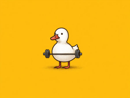 A cartoon duck, depicted in a minimalist style, lifts weights against a vibrant yellow backdrop. The duck, rendered in white with a red beak and feet, holds a barbell. The lighting is even and flat, suggesting a digitally created image. Suitable for a variety of commercial and editorial purposes.の素材