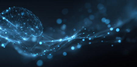 An abstract illustration depicts a brain formed by glowing dots and lines. The image showcases a network of interconnected elements with a predominant blue color scheme. The composition uses a dark background to emphasize the bright elements. Suitable for conceptual designs related to technology, science, and the mind.の素材