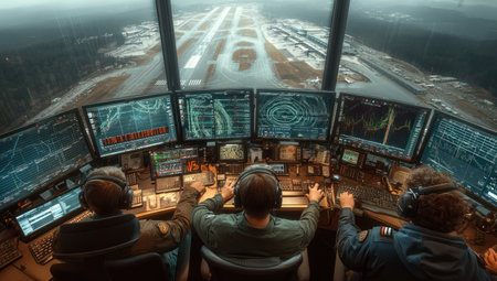 An air traffic control team is shown, seated in a control room, monitoring multiple screens displaying flight data. The composition features a high-angle perspective with overhead lighting. Displays show graphs and maps. This scene can be used for aviation, technology, or management related projects.の素材