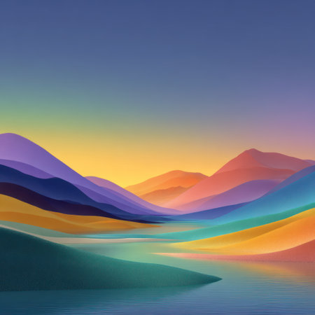This abstract illustration presents a stylized landscape featuring layered mountain forms and a vibrant gradient sky. The artwork utilizes a rich palette of colors including blues, purples, oranges, and yellows. The composition emphasizes simplicity and visual texture, suitable for various editorial and commercial applications.の素材