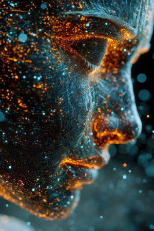 This image showcases a close-up of a face, seemingly composed of glowing particles. The color palette primarily uses blues, oranges, and golds, creating an ethereal effect. The composition focuses on detail and texture, with a sense of mystery and depth. It is suitable for diverse commercial and artistic projects.の素材