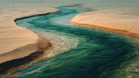An aerial shot displays a river snaking through a desert terrain. The water shows varying shades of teal and turquoise, contrasting with the beige sandbanks. The scene is lit by overhead sunlight, offering a vivid color contrast and emphasizing the composition. It is ideal for illustrative and conceptual projects.の素材