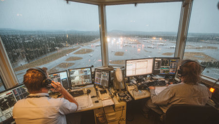 Inside a control tower, air traffic controllers manage flight operations, surrounded by computer screens displaying real-time data. The scene features multiple monitors with active displays, suggesting a complex operational environment. The lighting is diffused, with a view overlooking an active airport runway, suitable for various editorial and commercial applications.の素材
