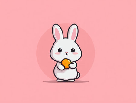 A cartoon illustration depicts a white rabbit with large eyes holding an orange fruit. The image is rendered in a simple, flat style with bold outlines and a limited color palette. The composition is centered against a soft pink backdrop, suitable for various design projects and commercial applications.の素材