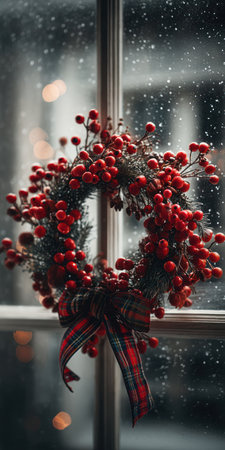 A festive wreath composed of vibrant red berries and greenery is prominently displayed. A decorative plaid bow enhances the composition. The image showcases a window, potentially during winter or a snowy period. Suitable for holiday-themed visual content and various commercial applications.の素材