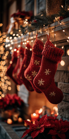 The image features several red Christmas stockings hanging by a fireplace. The scene is illuminated by warm, soft lighting and decorated with seasonal elements. The composition suggests a cozy indoor setting, possibly for holiday celebrations and can be used for various commercial or editorial applications.の素材