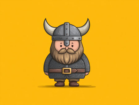 A cartoon illustration features a Viking character in full armor, complete with a horned helmet and beard. The image presents a clean, simple style with soft shading against a solid yellow backdrop. This image could be used for various projects, including illustrations, animations, or as part of a design element.の素材