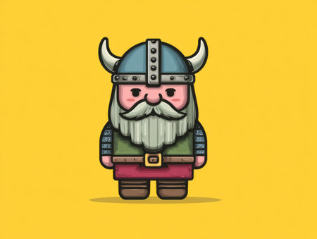 A cartoon illustration depicts a Viking character, featuring a horned helmet and a long, white beard. The character is styled in a flat design against a solid yellow backdrop. The artwork showcases a playful composition. This image is suitable for various commercial uses, including advertising and educational materials.の素材